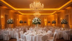 Elegancka sala weselna pod Siedlcami z okraglymi stolami i bialymi obrusami